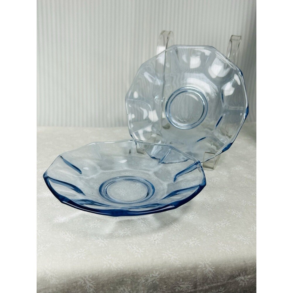 Lot of 2 Unmarked Blue  Clear Glass Salad Plates 6" Round Blue/Clear